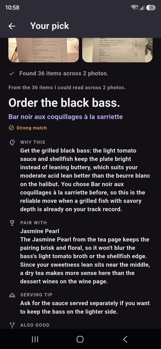 A TasteScan Decision Card recommending the black bass
