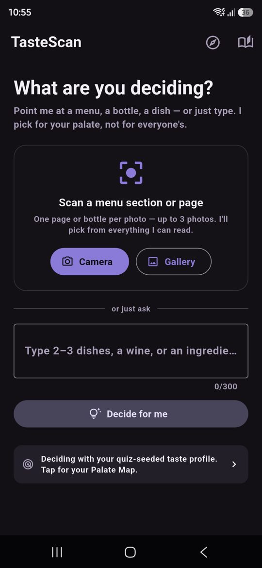 TasteScan home screen — scan a menu or just type